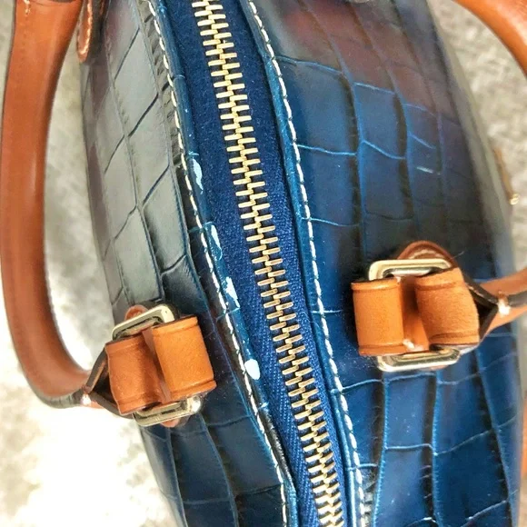 Dooney & Bourke Navy Croc Embossed Satchel with Tan Trim - Picture 14 of 16